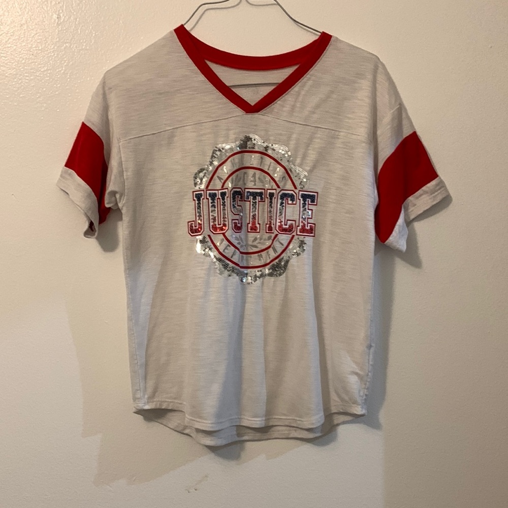 Justice size 10 v neck t shirt white and red